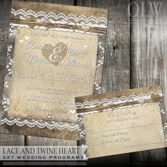 Rustic Lace heart Wedding Invitation | Wood Planks with lace, twine and hearts for a country rustic wedding | Rustic Wedding Invitation Il_570xn