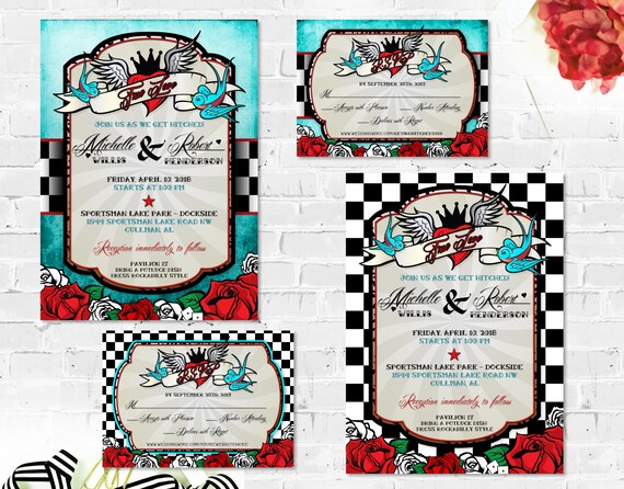 Rockabilly Wedding Invitations Set with RSVP Card Printable Wedding Suite Retro Checkered or Distressed Blue Vintage Elements Rocker Offbeat Il_570xn