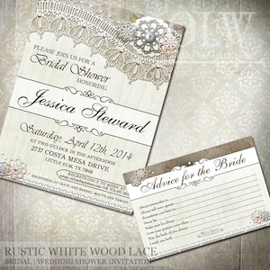 Rustiek wit hout Lace bruids uitnodigingen douche en advies kaarten - digitale bestand Printable - bruiloft uitnodigingen