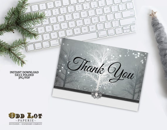 Tree Thank You Card Printable Winter Wonderland Thank You Card in Elegant Grey and pearl colorsPrintable Thank You Greeting Cards DIY Print Il_570xn