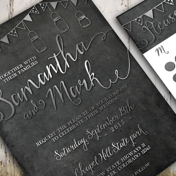 Rustic Mason Jar Chalkboard Wedding Invitation Silver Wedding Stationery DIY wedding invitation SilverChalkboard Il_570xn