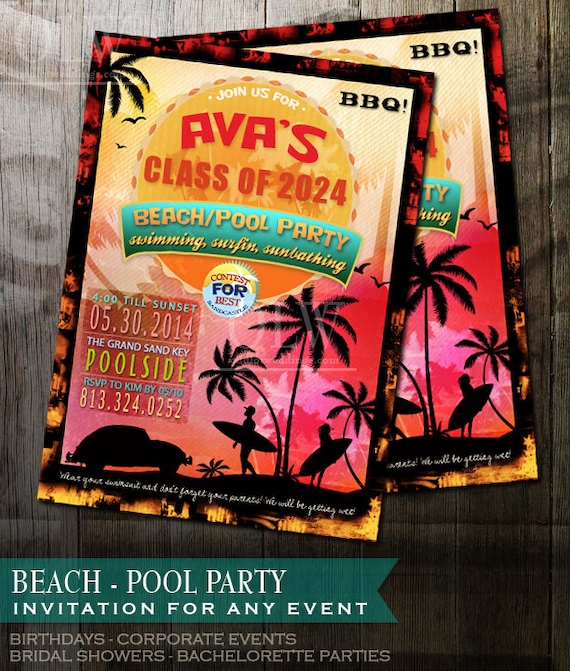 Retro Beach Party Invitation, Luau Birthday Invitation, Summer Beach Party Invitation, DIY Printable Beach Party Invitation Il_570xn