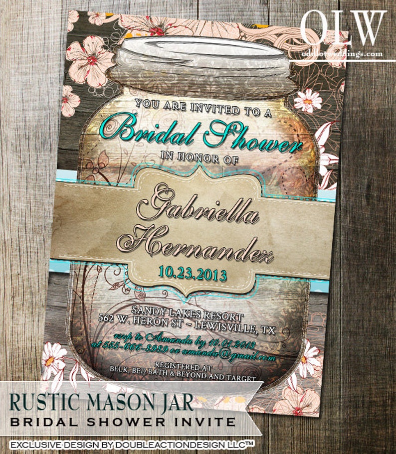 Rustic Mason Jar Bridal Shower Invitation Mason Jar Invite Rustic Bridal Shower Wood Background DIY Printable Rustic Mason Jar Invitation image 2