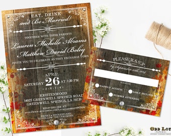 Fall Wedding Invitations Falling in Love Fancy Autumn Leaves Wedding Stationery Set Printable Invitations Rustic Fall Country Invite DIY