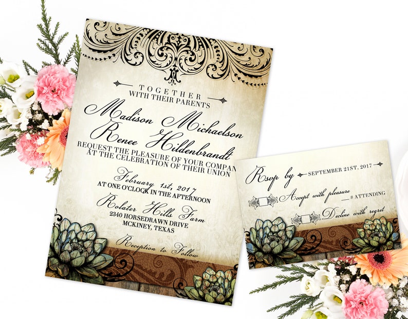 Rustic Succulent Wedding Invitation and RSVP Succulent Wedding Printable Invites Perfect for the spring or summer outdoor wedding image 1