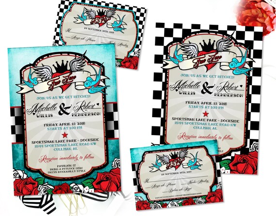 Rockabilly Wedding Invitation Set with Sparrow Lovebirds Tattoo Heart and Roses Rock N Roll Style Wedding Invites Rock a Billy Stationery Il_570xn