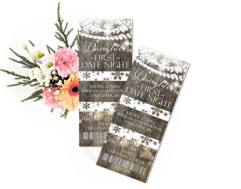 Ticket Invitation, Rustic Winter Invite, Winter Wonderland Lights and snowflakes, Daddy daughter Dance Ticket, , Entry Ticket, Party Ticket image 3