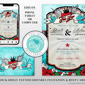 Rockabilly Wedding Invitation and Rsvp, Invitation Set, Editable Wedding Stationery, Corjl, Rockabilly Invites, Offbeat Wedding, Tattoo