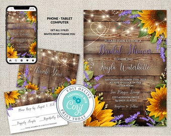 Set of 3, Bridal Shower Set, Sunflower and Lilac, Thank You, Rsvp, Invite, Spring Flowers, Country Wedding, Corjl INSTANT DOWNLOAD, diY