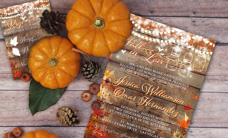 Fall in Love Rustic Wedding Invitation, Mason Jar Wedding, Fall Wedding, Autum Leaves Printed Wedding Invitation Set, Free white envelopes image 1