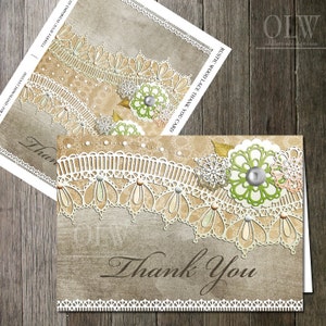 Kraft Lace Paper Thank You Printable Card, Vintage Lace, Rustic Thank You Card, DIY Printable thank you cards, Vintage Flower Card