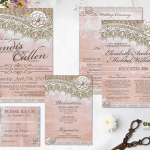 Rustic Lace Wedding Invitation Pink Lace Wedding Suite Printable Wedding Invite Suite Country Rustic Cottage Chic Wedding Invites DIY Print image 1