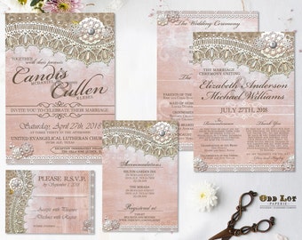 Rustic Lace Wedding Invitation Pink Lace Wedding Suite Printable Wedding Invite Suite Country Rustic Cottage Chic Wedding Invites DIY Print