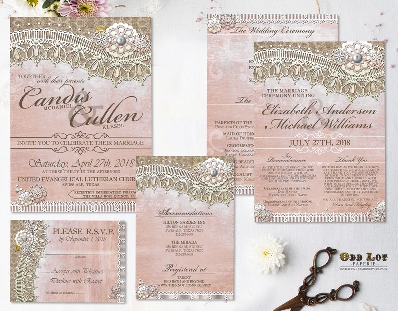 Rustic Lace Wedding Invitation Pink Lace Wedding Suite Printable Wedding Invite Suite Country Rustic Cottage Chic Wedding Invites DIY Print image 1