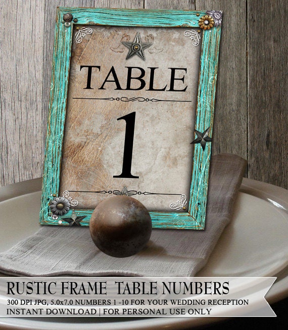 Rustic Turquoise Frame Wedding Reception Table Numbers 1-10 jpg pdf Digital Printable Faux Wood with embellishments Il_570xn