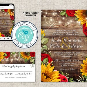 Wedding Invitation and RSVP Template, Rustic Wood with Sunflowers & Roses Invitation Suite, Editable Printable File,Instant Download, Corjl