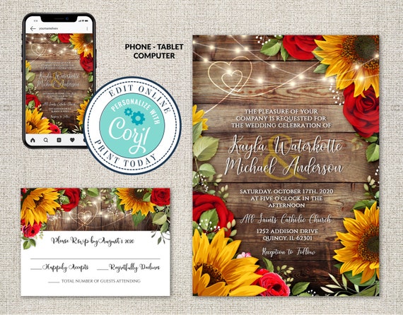 Wedding Invitation and RSVP Template, Rustic Wood with Sunflowers & Roses Invitation Suite, Editable Printable File,Instant Download, Corjl Il_570xn
