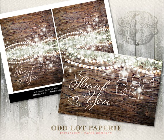 Rustic Mason Jar Printable Thank You Card, Rustic Wood, Mason Jar, Hanging lights, Mint and Blush, Printable Thank you, Rustic Greeting Card Il_570xn