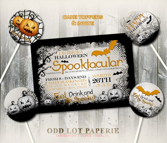 Halloween Invitation Halloween Party Invite Spooky Invitation Printable Invite Digital invitation Pumpkins Bats Trees with cake Toppers DIY Il_570xn