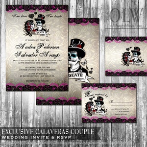 Día de la boda muerta invitación conjunto azúcar cráneo boda boda mexicana Calaveras invitaciones imprimibles dia de los Muertos Latina novia