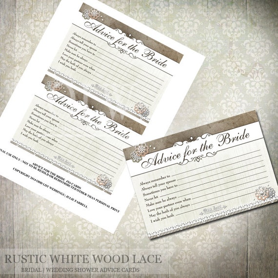 Rustic White Wood Lace Bridal Shower Advice for the Bride cards - Digital File Printable - Wedding Shower Party Printable Il_570xn