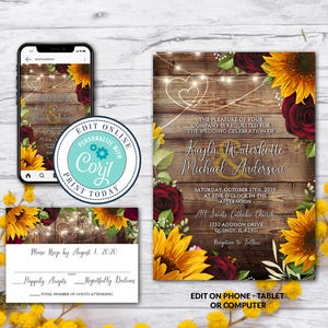 Plantilla de invitación de boda rústica con girasoles y rosas, estilo burdeos rústico, archivo Corjl editable.