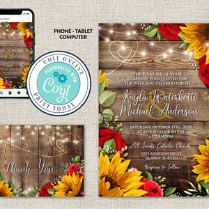 Wedding Invitation and Thank You Template, Rustic Wood with Sunflowers & Roses Wedding, Editable Printable File,Instant Download, Corjl