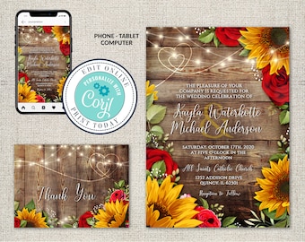 Rustic Sunflower Wedding Invitation & Thank You Card Template (Instant Download)
