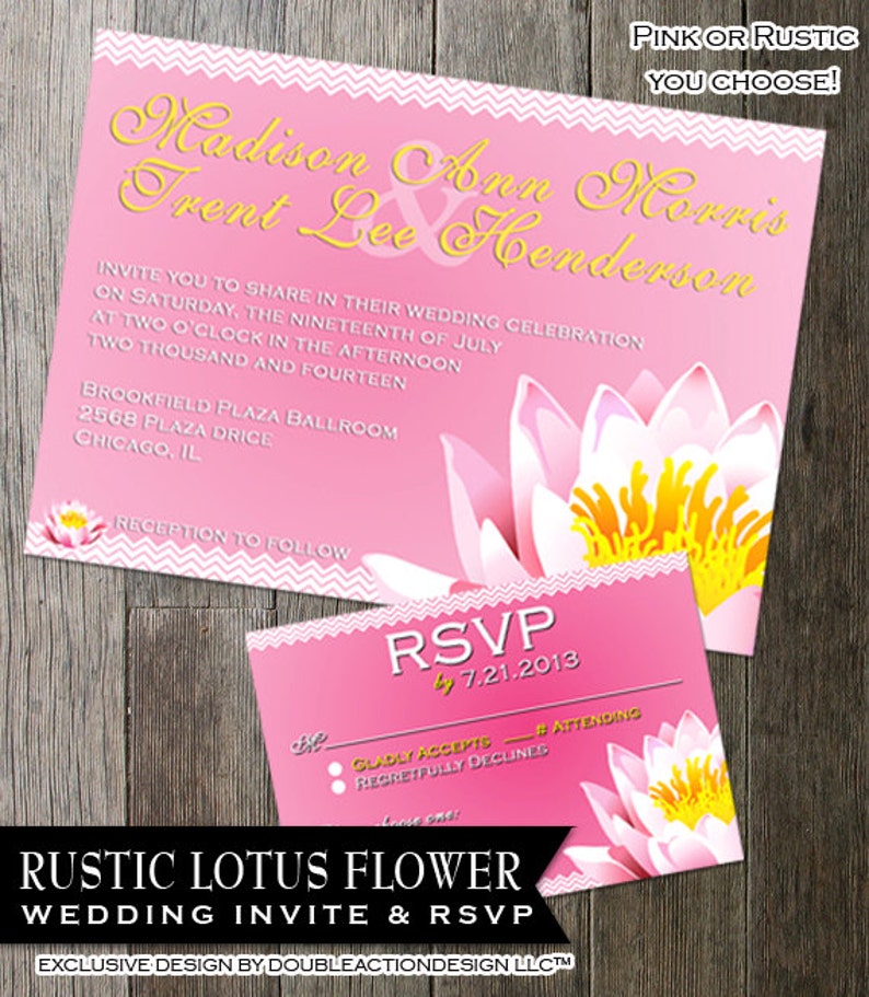 Rustic Pink Lotus Flower Wedding Invitation and RSVP Card