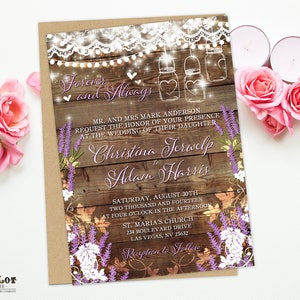 Lavender Rustic Wedding Invitation Vineyard Wedding Printable Set with Lace and Hanging Lights Mason Jar Wedding Wine Themed Wedding DIY image 2