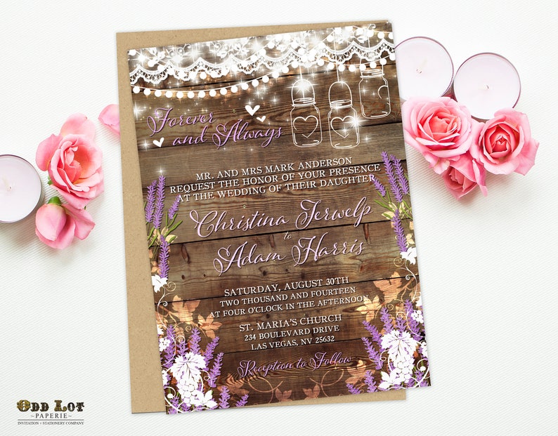 Lavender Rustic Wedding Invitation Vineyard Wedding Printable Set with Lace and Hanging Lights Mason Jar Wedding Wine Themed Wedding DIY image 2