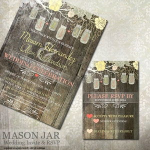 Rustic Mason Jar Wedding Invitation & RSVP - Digital or Printed - Mason Jar Rustic Wedding Stationery