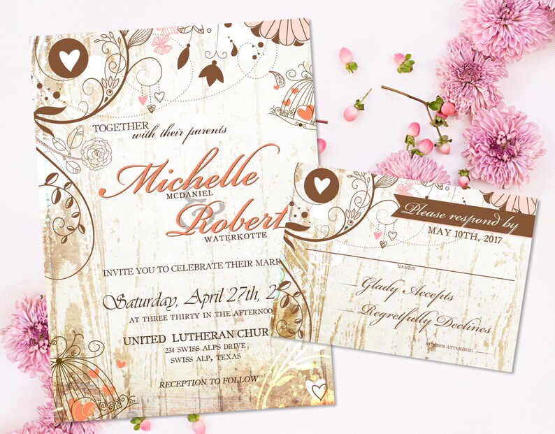 Rustic Chic Wedding Invitation Floral Wedding Invitation for a Rustic Wedding, Country Wedding Wood and Floral Printable Invites DIY image 1