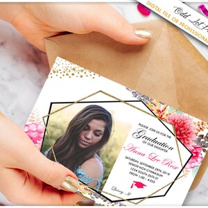 Invitación de graduación floral geométrica, invitaciones de fiesta de graduación, anuncio de graduación, invitaciones imprimibles, rosa Boho oro foto