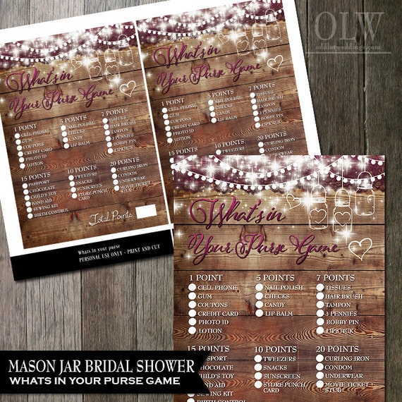 Bridal Shower Game "What's in your purse" Rustic Mason Jar Bridal Shower Game Instant Download MAROON Il_570xn