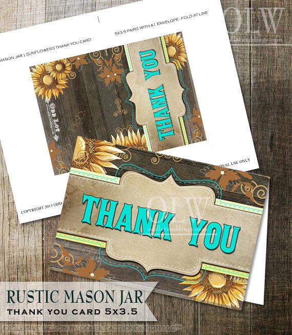 Yellow Sunflower Thank You Card, Turquoise Thank you, Printable Thank you card, DIY Printable Greeting Card, Instant Download, DIY Card Il_570xn