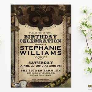 Steampunk Invitation, Steampunk Birthday Invitation, Printable Party Invitations, Leather, Vintage, Gears, Metal, Manly invite, Offbeat