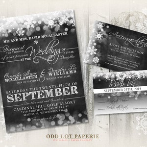 Convite de casamento no quadro-negro de inverno - Convite de casamento com flocos de neve de inverno e cartão rsvp - para impressão digital