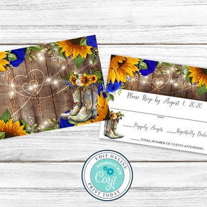 Wedding Invitation and RSVP Template, Rustic Wood with Sunflowers & Roses Invitation Suite, Cowboy Boots Editable Printable File, Corjl image 10