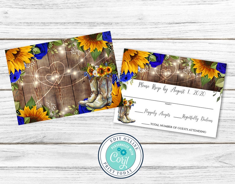 Wedding Invitation and RSVP Template, Rustic Wood with Sunflowers & Roses Invitation Suite, Cowboy Boots Editable Printable File, Corjl image 10