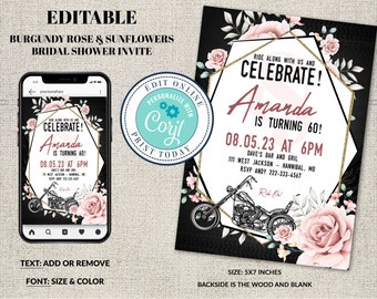 Elegant Motorcycle  Invitation Template, Floral Geometric, Biker Party Any Occassion, Editable Printable File,Instant Download, Corjl