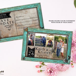 Land Save the Date Karten, Hochzeit Save the Date Ankündigung, Holzrahmen, rustikale Hochzeit, druckbare Einladung, FotoCollage Postkarte 1