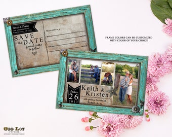 Save the Dates - Rustic Save the Date - Photo Collage Invite - Turquoise Frame - Barn Wood 4x6 Postcard - Rustic Wedding Invitation