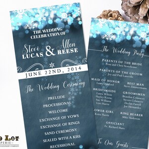Rustic Winter Wedding Program Winter Wonderland Wedding Snowflake printable program Twinkling lights on Blue Chalkboard DIY Holiday card