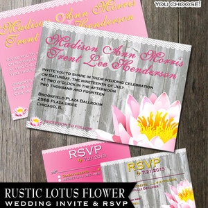 Rústico rosa loto flor invitación de boda y tarjeta RSVP - Digitalable imprimible -rosa o rústico de madera de fondo