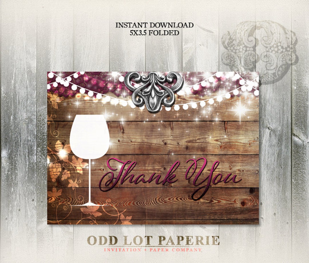 Wine Thank You Greeting Card , DIY Printable Thank You, Rustic Twinkling Lights, Rustic Wood ...