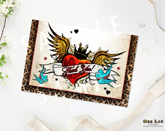 Rockabilly-bedankkaart met jachtluipaardprint: tattoo-stijl (zelfafdrukbaar)