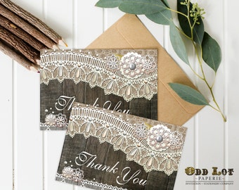 Rustic Thank You Card, Burlap and Lace, Printable Thank You Card, Wood Lace Thank You Cards, Instant Download, Digital Card, ~Wood Lace