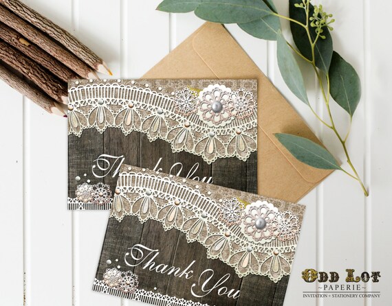 Rustic Thank You Card, Burlap and Lace, Printable Thank You Card, Wood Lace Thank You Cards, Instant Download, Digital Card, ~Wood Lace Il_570xn