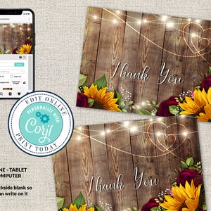 Flat Thank You Card, Rustic Wood with Sunflowers & Burgundy Roses , Wedding Thank You, Editable Printable File,Instant Download, Corjl